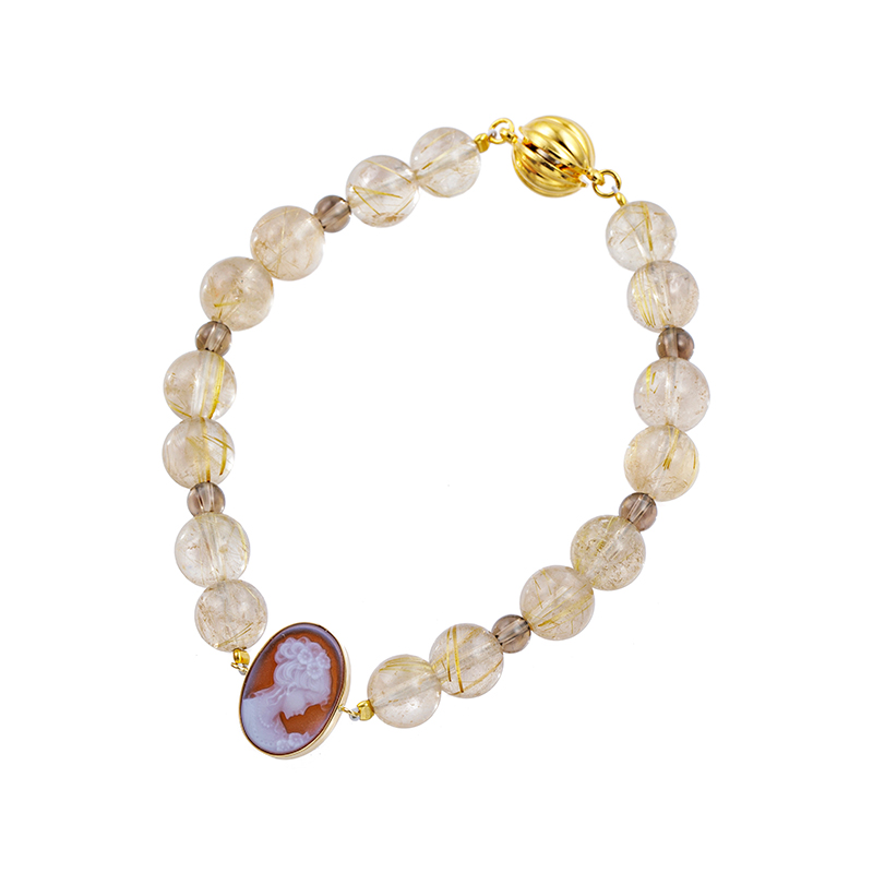 K18YG/SV メノウカメオ ルチルクォーツ ＆ スモーキークォーツ ブレスレット 