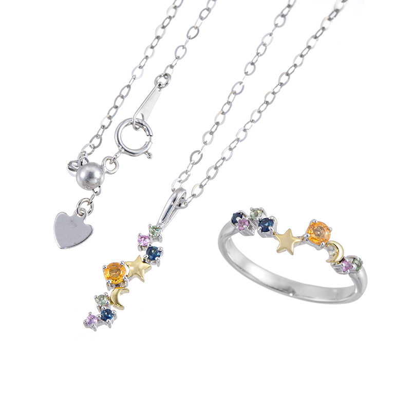 パラシルバ/K18YG スペサタイトガーネット サファイア リング ＆ ネックレス 2点セット