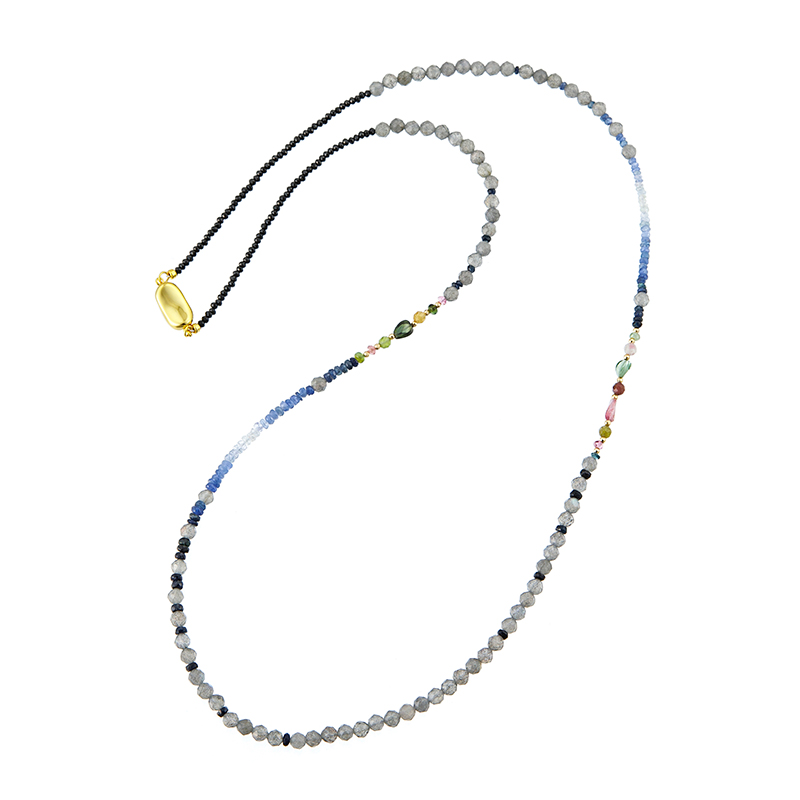 SV/K18YGラブラドライトサファイアカラーグラデーションブラックスピネルトルマリンネックレス