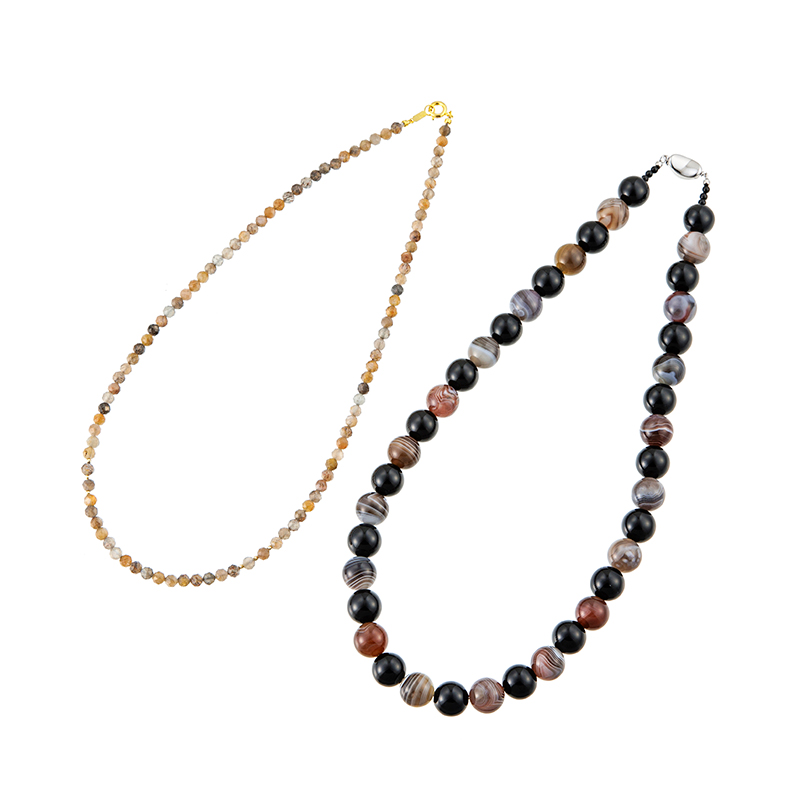 SV/K18YGブラックサンストーン＆オニキス縞メノウネックレス2点セット