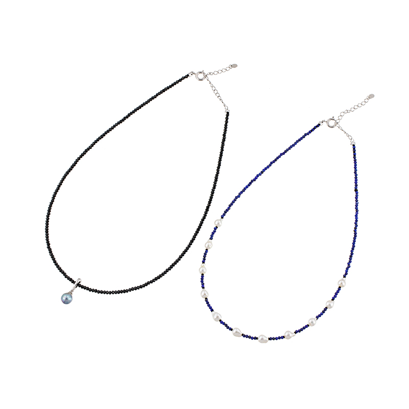 SV越物アコヤ真珠ナチュラルカラーブラックスピネル越物アコヤ真珠無調色ラピスデザインネックレスセット