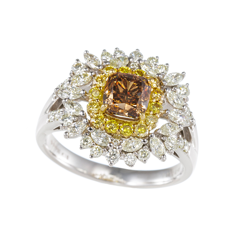 PT950/K18YG ブラウンダイヤモンド & ファンシーイエローダイヤ & ダイヤ リング
