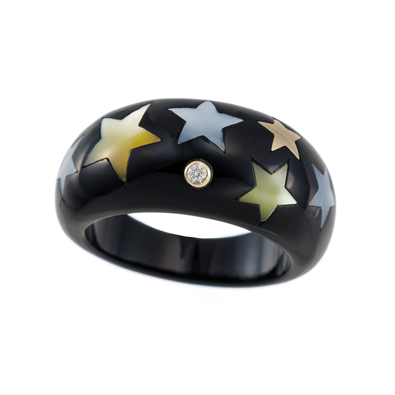 K18YG オニキス 黄蝶貝 ＆ 白蝶貝 ダイヤ スター リング D 約0.02ct