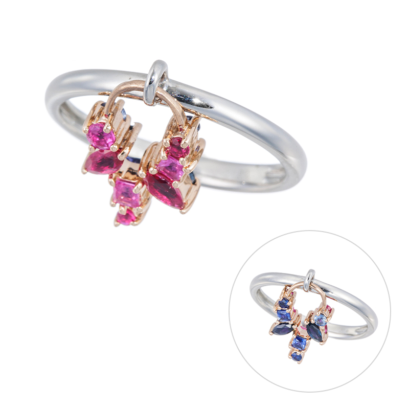 PT950/K18PGルビーピンクサファイア&サファイア&ライトブルー&アイスブルーサファイアリング