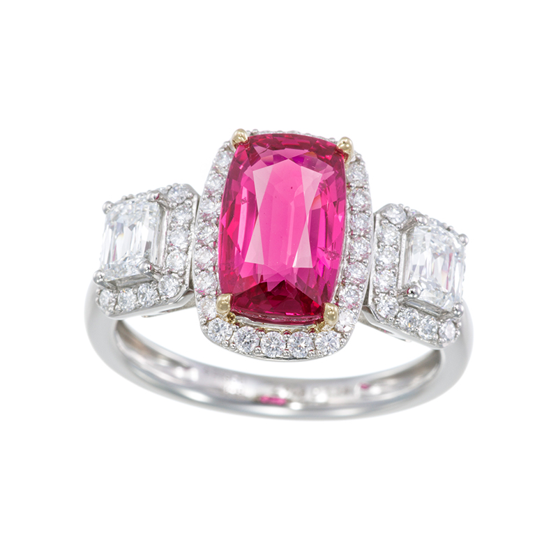 PT950/K18YG ミャンマー産ヴィヴィッドレッドピンクスピネル(特優) クリスカットダイヤ(リ