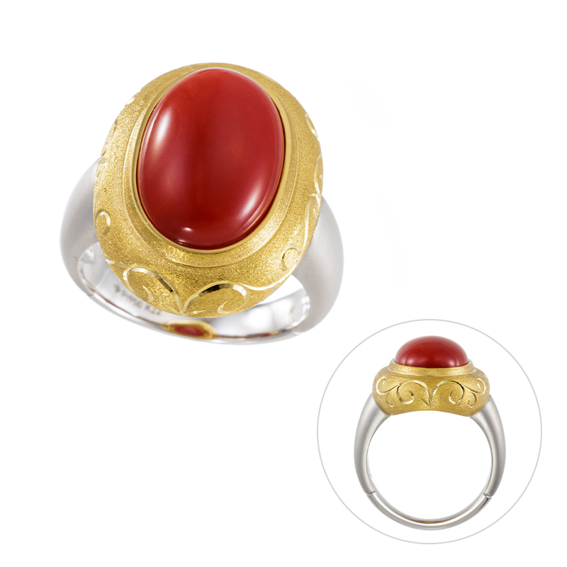 PT950/K22 血赤サンゴ 手彫り リング COR 約7.00ct