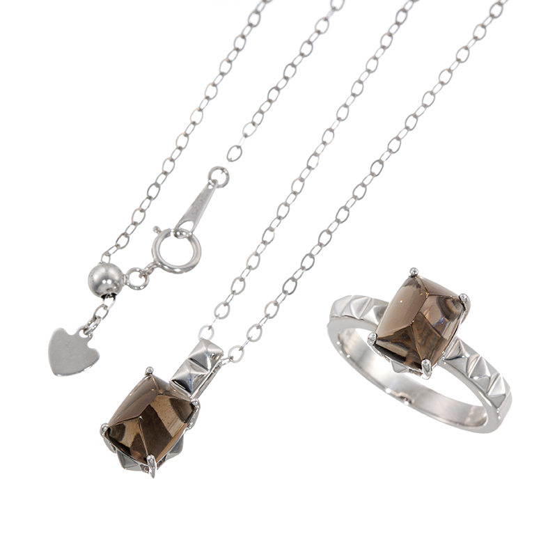 パラジウムシルバー950 スモーキークォーツ リング ＆ ネックレス 2点セット