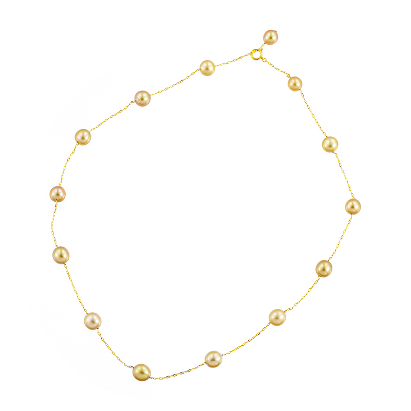 純金/K18奄美大島産ナチュラルゴールデン白蝶真珠シャインカットステーションネックレスP約7.0mm