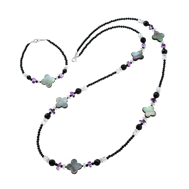 SV オニキス 黒蝶貝 クォーツ アメシスト ネックレス ＆ ブレスレット 2点セット