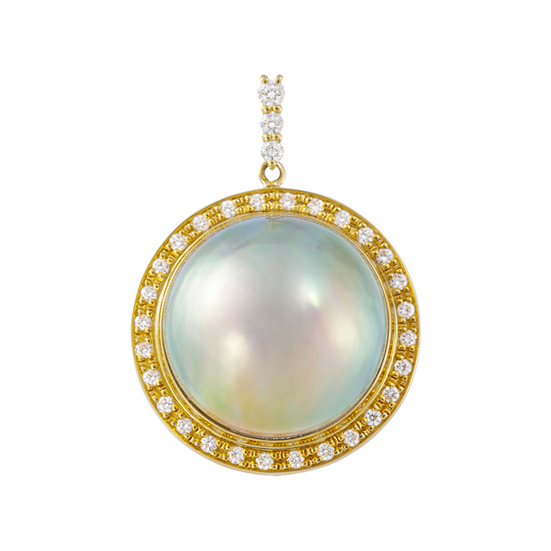 K18YG極選奄美大島産マベパール(極光)ダイヤペンダントトップP約15.0mmD約0.29ct