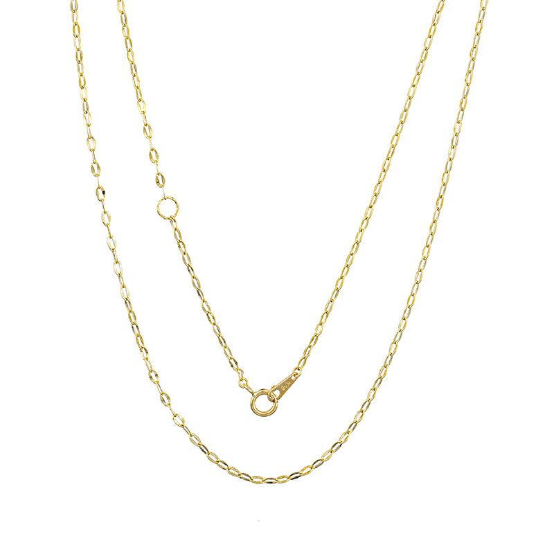 K18YG フラットケーブルチェーンネックレス キラキラアジャスター環付き 約0.7g