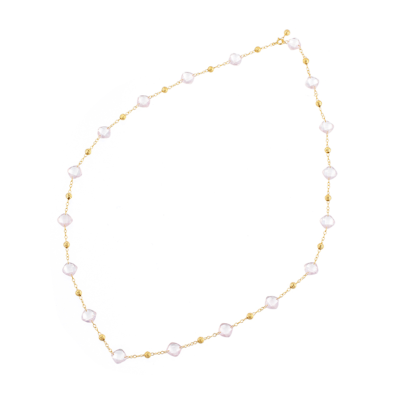 K18YGローズクォーツ ＆ クロスランタンステーションロングネックレス