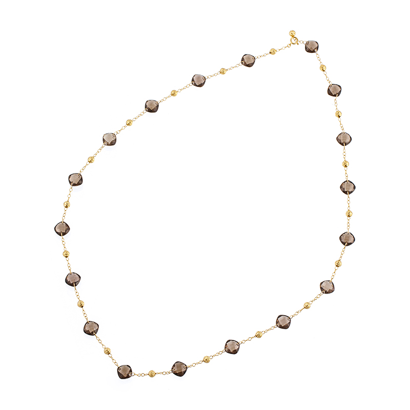 K18YGスモーキークォーツ ＆ クロスランタンステーションロングネックレス