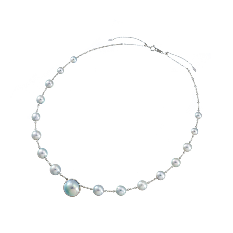 PT850ナチュラルブルー アコヤ真珠凪輝＆奄美大島産マベパール極光オメガステーションネックレス