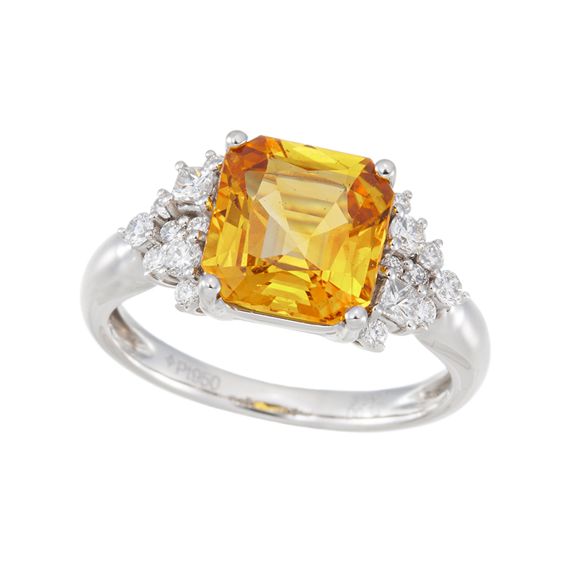 PT950 マダガスカル産イエロイッシュオレンジサファイア ダイヤ リング OS 3.392ct D