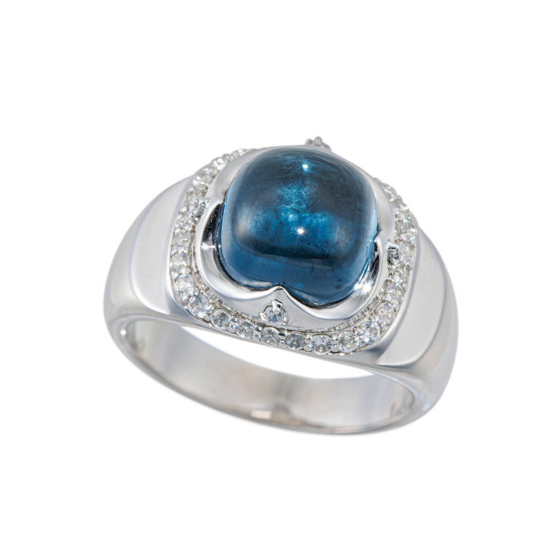 パラジウムシルバー950 ロンドンブルートパーズ 天然ホワイトジルコン スラッシュ リング TO 約