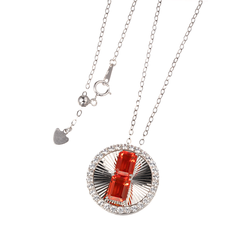 パラジウムシルバー950 ファイアオパール 天然ホワイトジルコン キラキラ彫り ネックレス