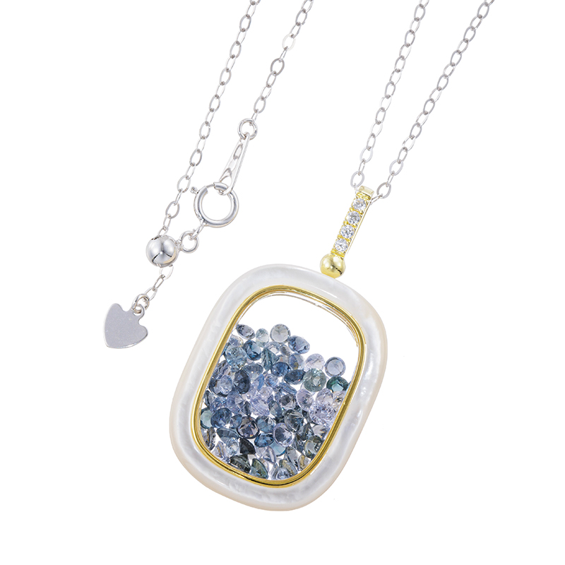 パラジウムシルバー950 ブルースピネル 白蝶貝 ロッククリスタル 天然ホワイトジルコン ネックレス