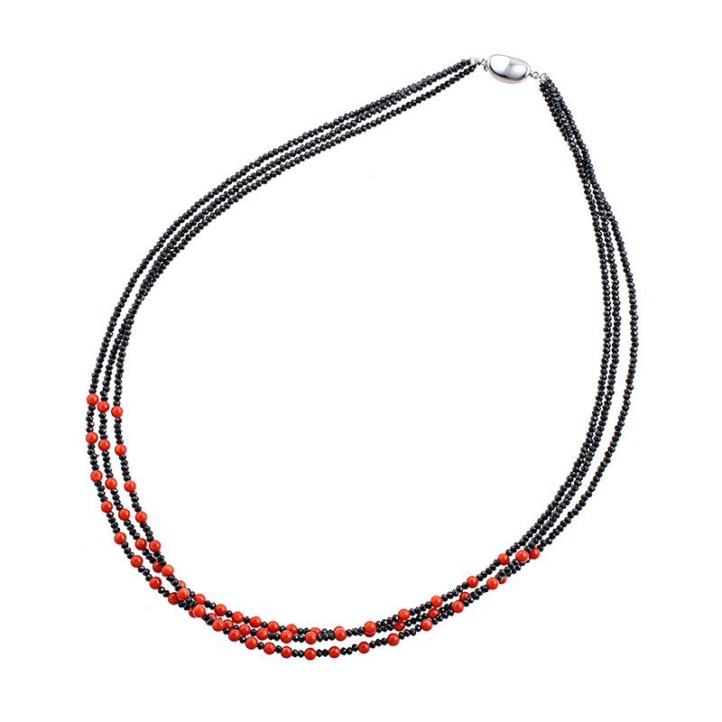SVブラックスピネル地中海サンゴ3連ネックレスSP約54.00ctCOR約16.00ct