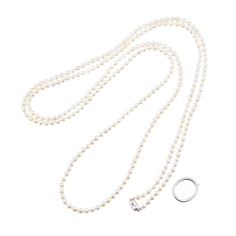 SV 越物 アコヤ真珠 無調色 ロングネックレス & スナップリング 2点セット P 約5.0mm