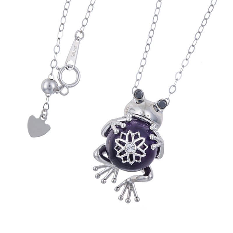 パラシル950アメシストブラックダイヤ天然ホワイトジルコン福かえるネックレス