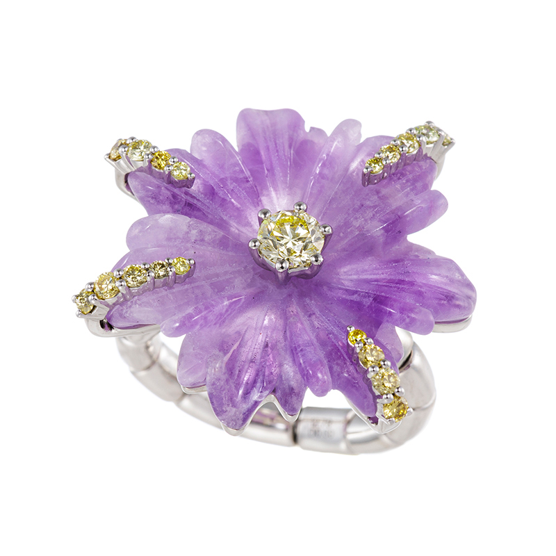 PTグリーンイエローダイヤアメシストストレッチリングD0.60ctAM12.78ct9～23号