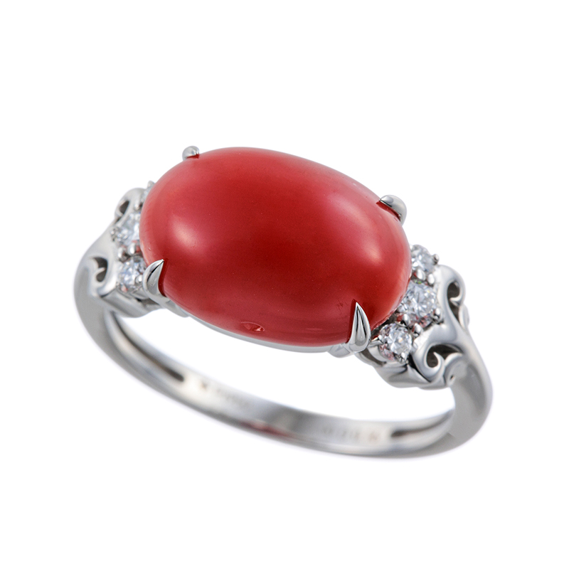 PT950 血赤サンゴ ダイヤ リング COR 約5.00ct D 約0.16ct