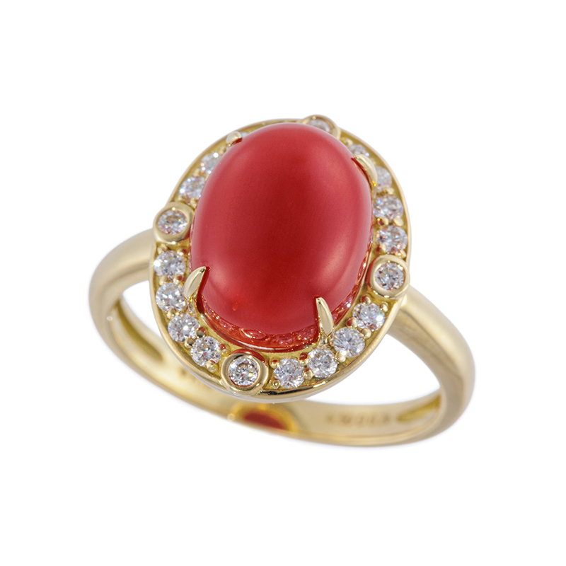 K18YG 血赤サンゴ ダイヤ リング COR 約4.50ct D 約0.26ct