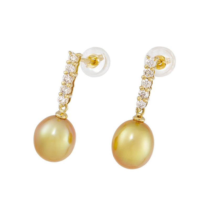 K18YGカラミアン産白蝶ケシパールナチュラルゴールデンダイヤピアスP約7.0mmD約0.20ct