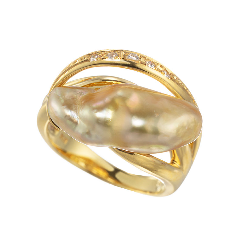 K18YG白蝶ケシパールナチュラルゴールデンダイヤリングP約7.9×18.9mmD0.07ct