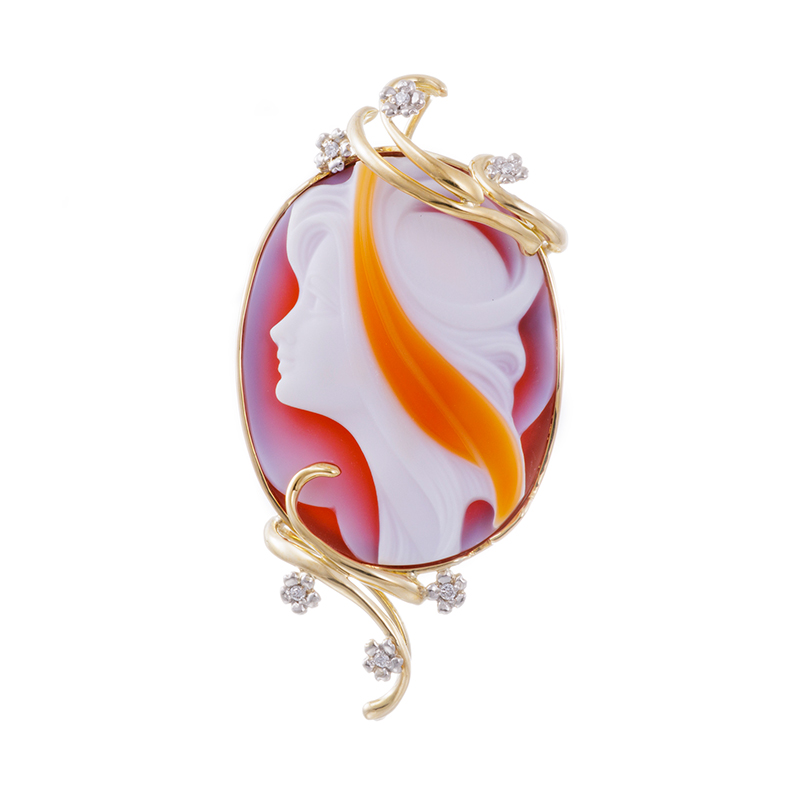 K18YG/PT900 メノウカメオ ダイヤ ペンダントブローチ カメオ 約35×27mm D 約0