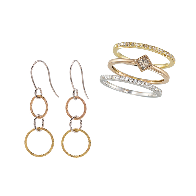 【福袋】K18PG/YG/WGブラウンダイヤダイヤリング13号セット＆PT950K18YGPGピアス