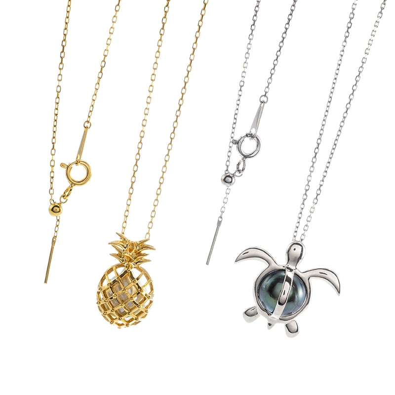 SV 越物 アコヤ真珠 ナチュラルカラー パイナップルモチーフ & 黒蝶真珠 カメモチーフ デザイン