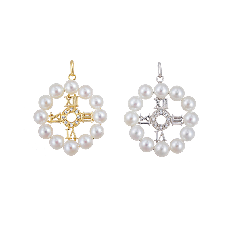 SV越物アコヤ真珠無調色ホワイトトパーズパールリース・クロックペントップ2点セット