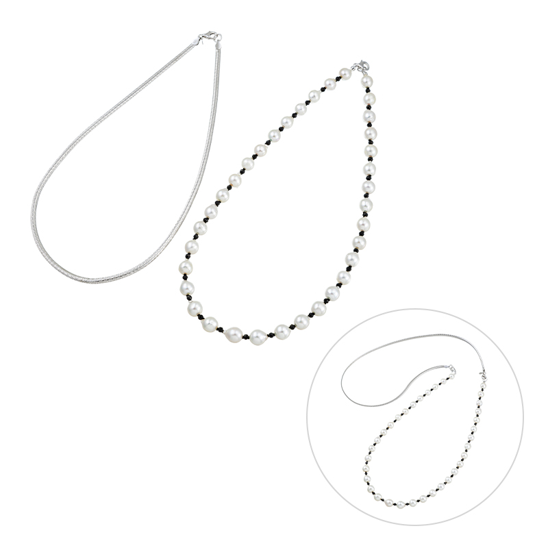 SV 越物 アコヤ真珠 無調色 ブラックスピネル ＆ ヘリンボーン イタリアン  ネックレス 2点セ