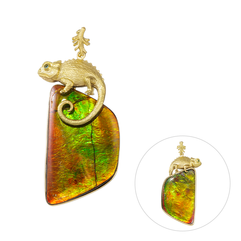 K18YG ダブルフェイスアンモライト ブラジル産パライバトルマリン カメレオン ペンダントトップ 
