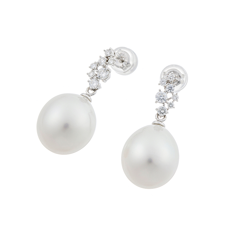 K18WG 白蝶真珠 ダイヤ ピアス P 約11.0mm D 約0.30ct