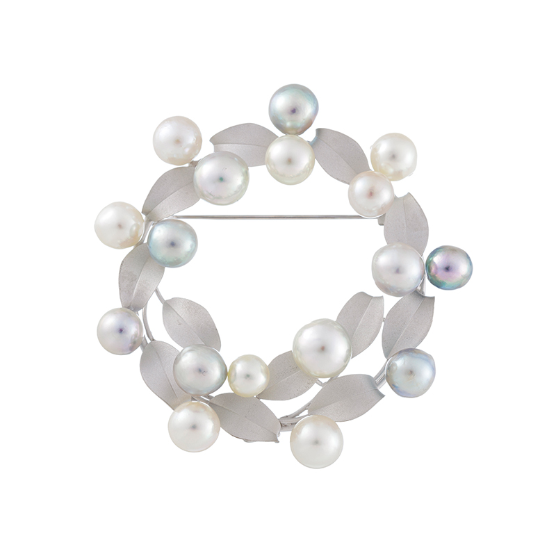 SV 宇和島産 越物 アコヤ真珠 ナチュラルマルチカラー リーフサークル ブローチ P 約6.0-9
