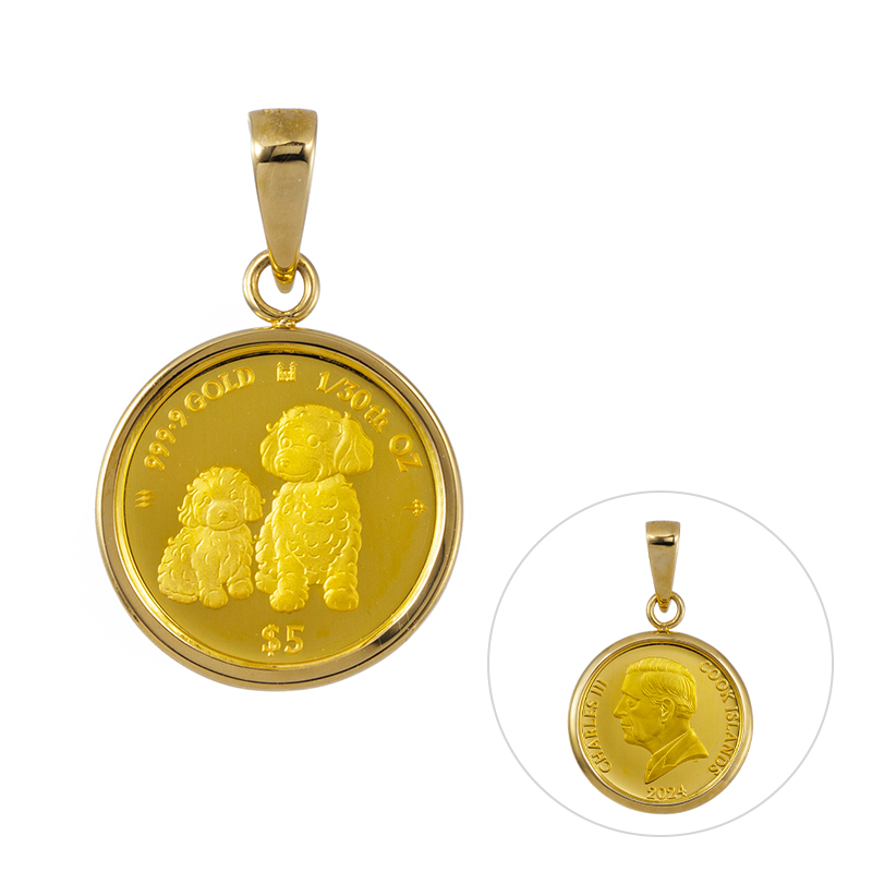 純金/K18YG  2024年 1/30oz マザーズラブドッグコイン ペンダントトップ 縦 約20