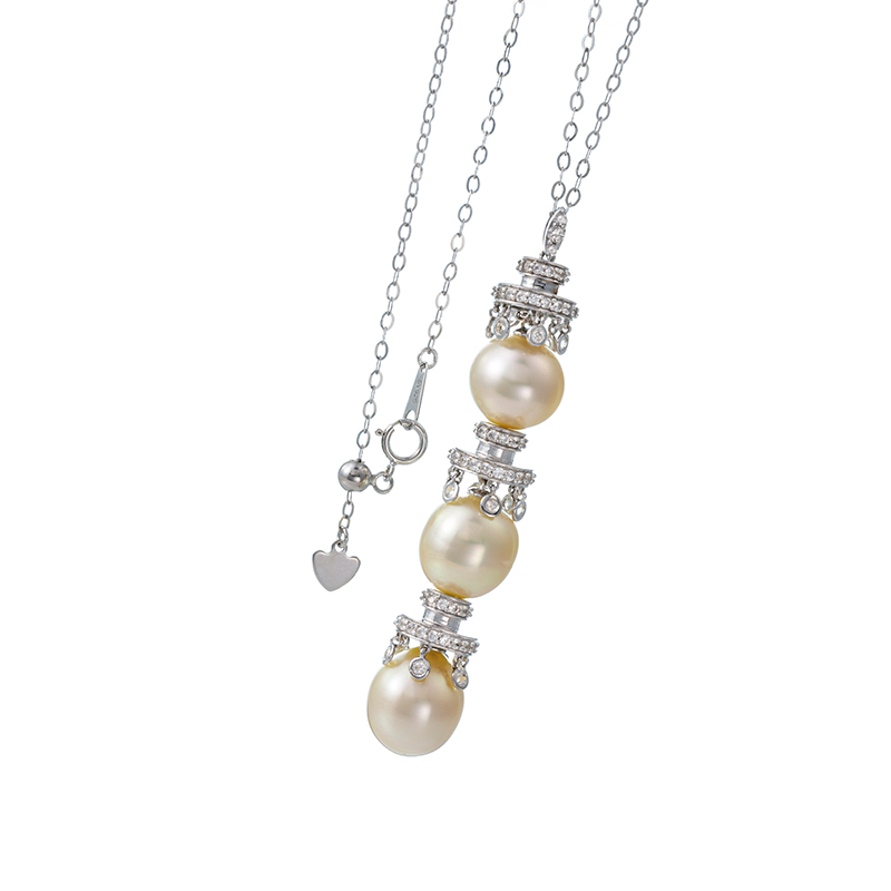 パラジウムシルバー950 ナチュラルゴールデン白蝶真珠 天然ホワイトジルコン ネックレス P 約11