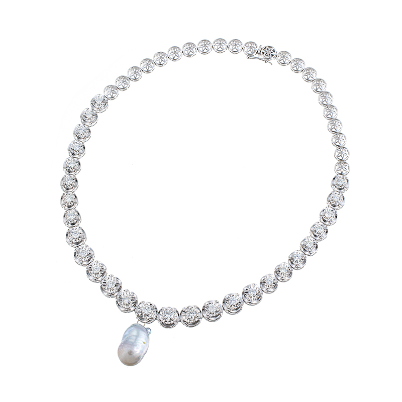 K18WG テリVeryGood 白蝶真珠 ダイヤ デザインネックレス P 16.0mm D 10.