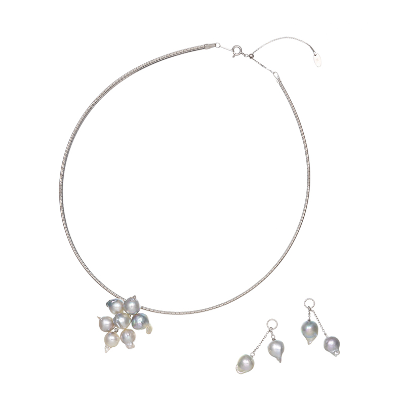 SV 宇和島産 越物 アコヤ真珠 ナチュラルカラー オメガネックレス & チャーム 2点セット (N