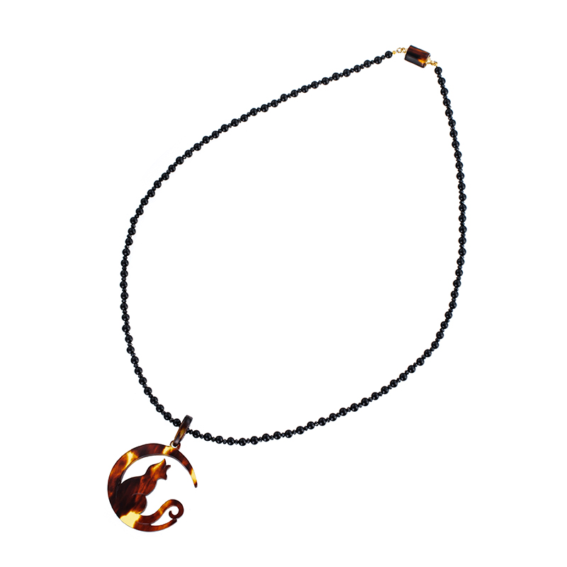本べっ甲 Cat 三日月 オニキス ブラックスピネル ペンダントネックレス ON 約20.20ct 