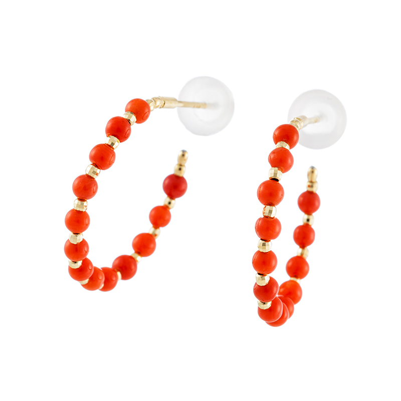 K18YG 地中海サンゴ ＆ ミラーボール フープピアス 縦：約20.0mm 横：約2.5mm 総重