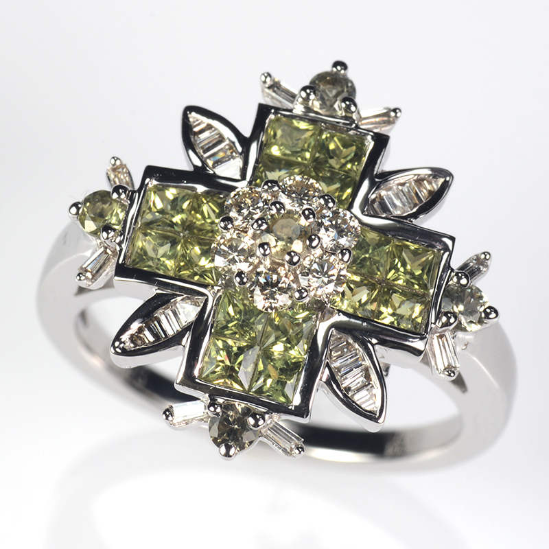 K18WG グリーンサファイア & ダイヤモンド リング GS 約1.08ct D 0.17ct